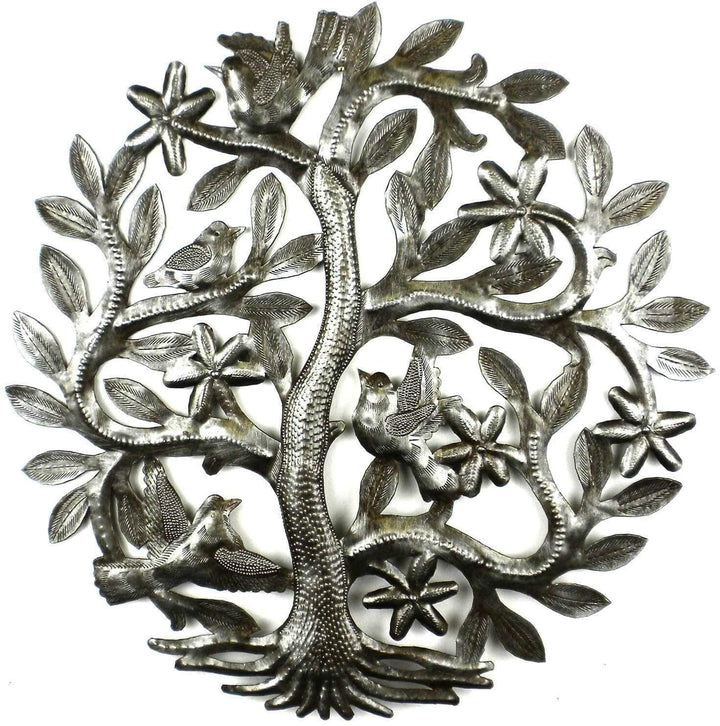 Handmade 14" Tree Life Birds Metal Art (Haiti) Grey Bohemian