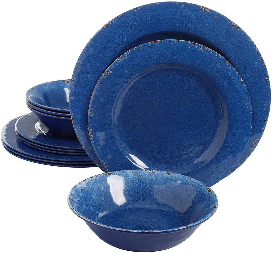 12 Piece Dinnerware Set Cobalt Blue Look Decal Solid