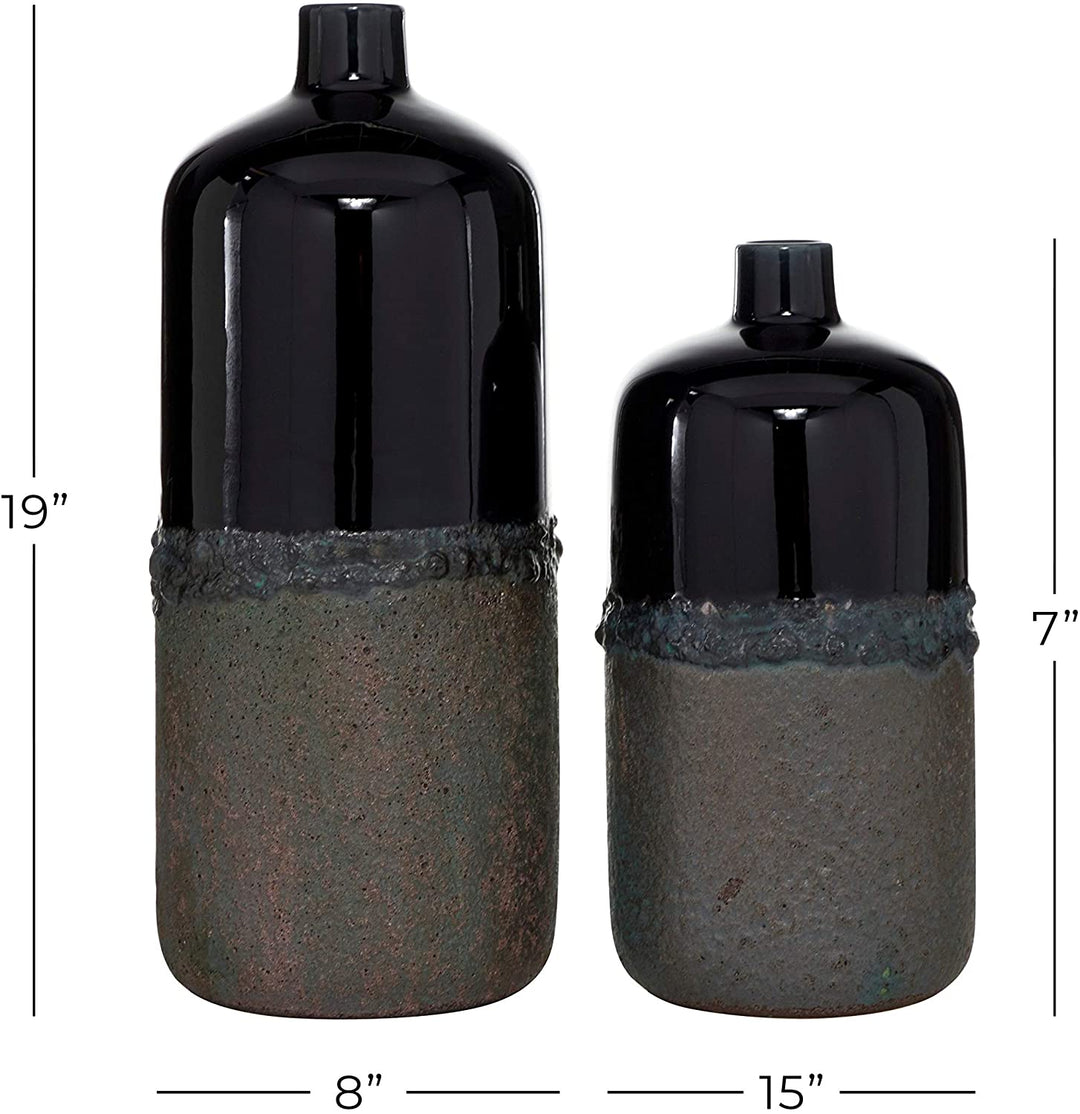 Round Black Glazed Ceramic Vase Grey Dipped Textured Body Set 2 15" 20" 8 X 19 Rustic - Diamond Home USA