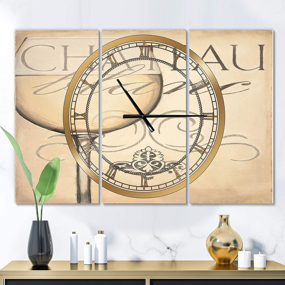 French White Wine Ii' Glam 3 Panels Oversized Wall Clock