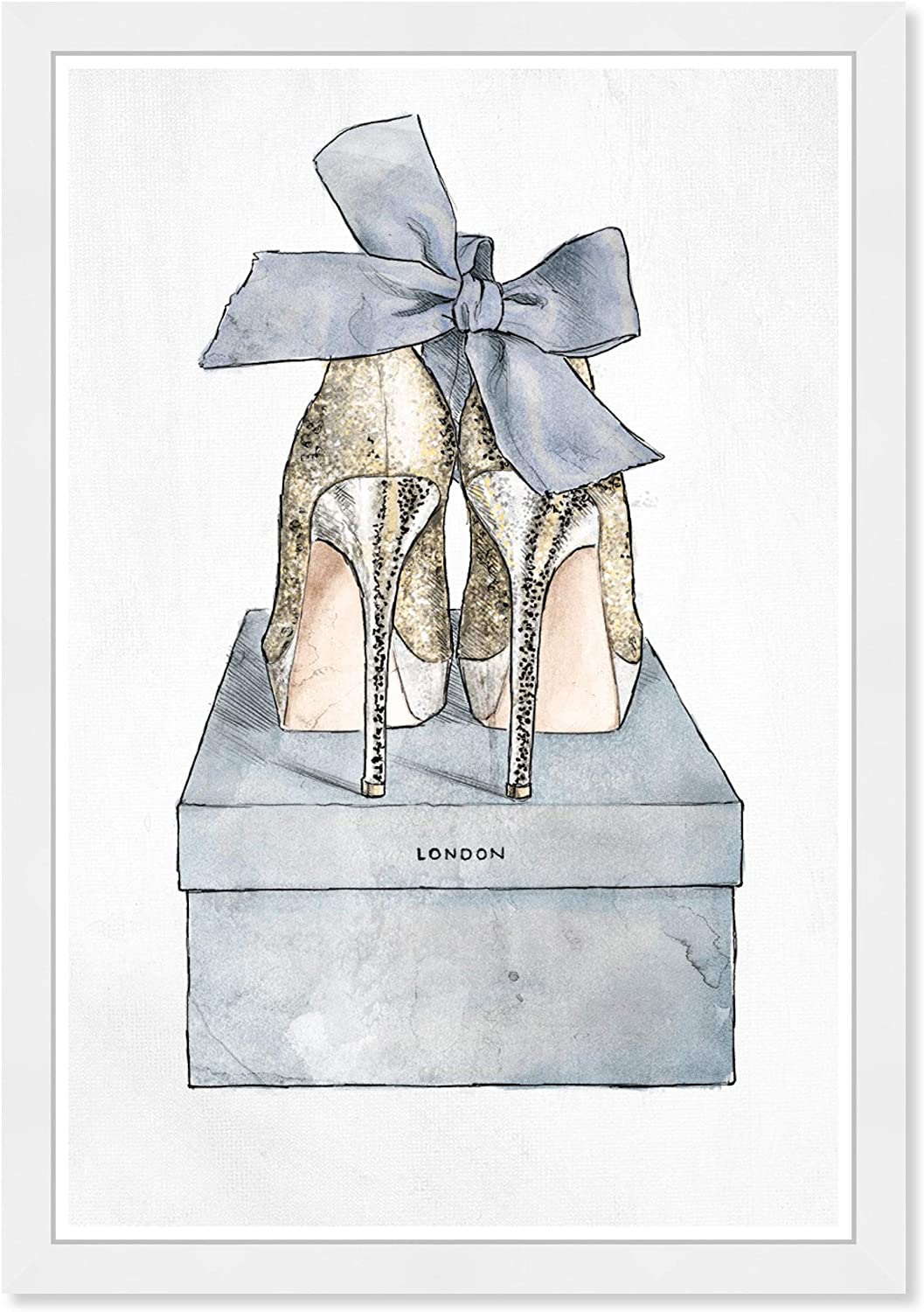 Blue Romantic Pair' Fashion Glam Wall Art Framed Shoes Blue Gold Modern Contemporary Rectangle - Diamond Home USA