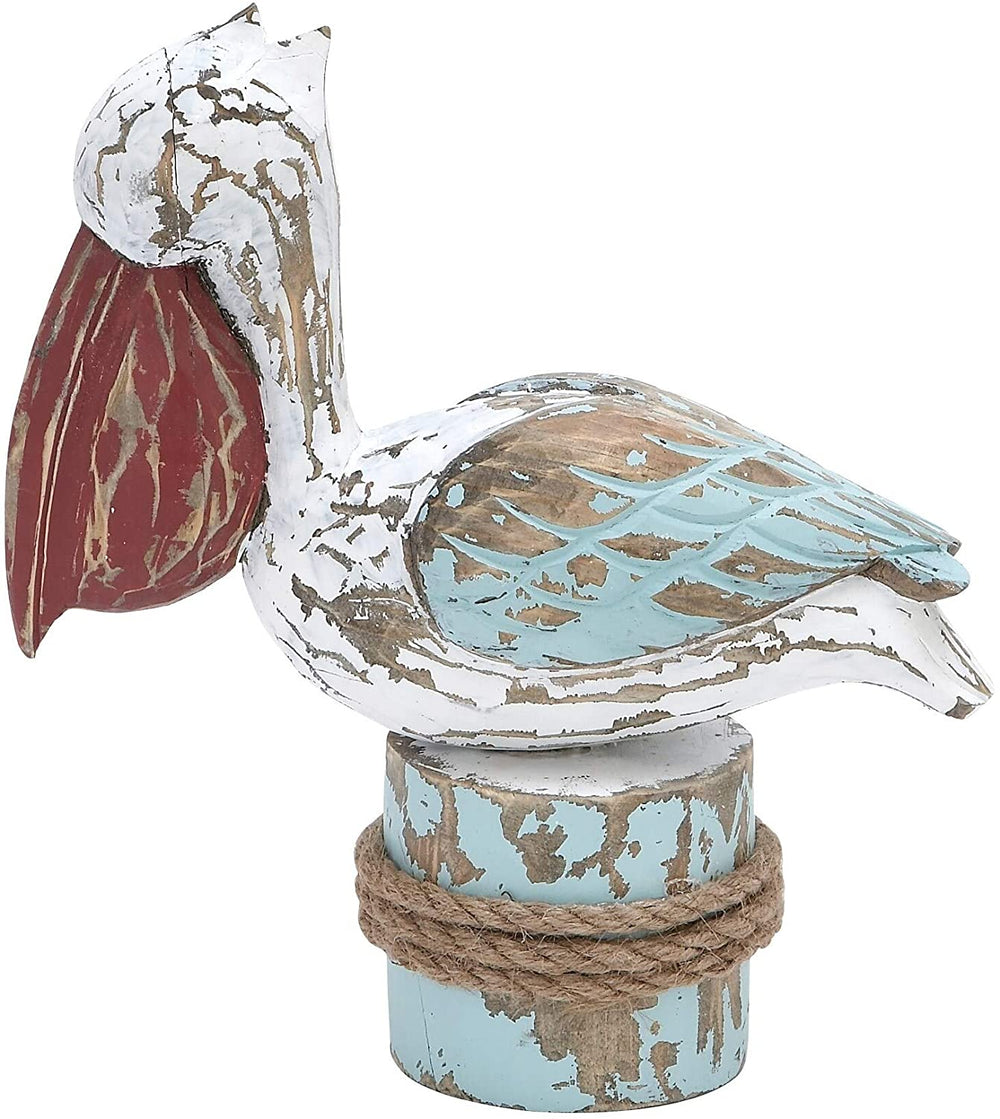 MISC Wood Pelican Statue (10'' X 9'') Blue Brown White Nautical Coastal Fabric