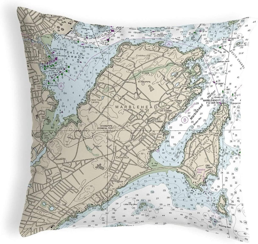 Marblehead Ma Nautical Map Noncorded Pillow 12x12 Color