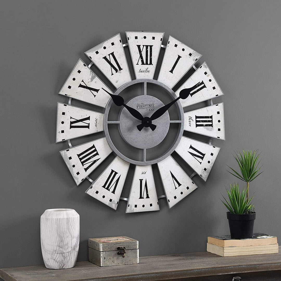 White Numeral Farmhouse Windmill Clock American Crafted Aged