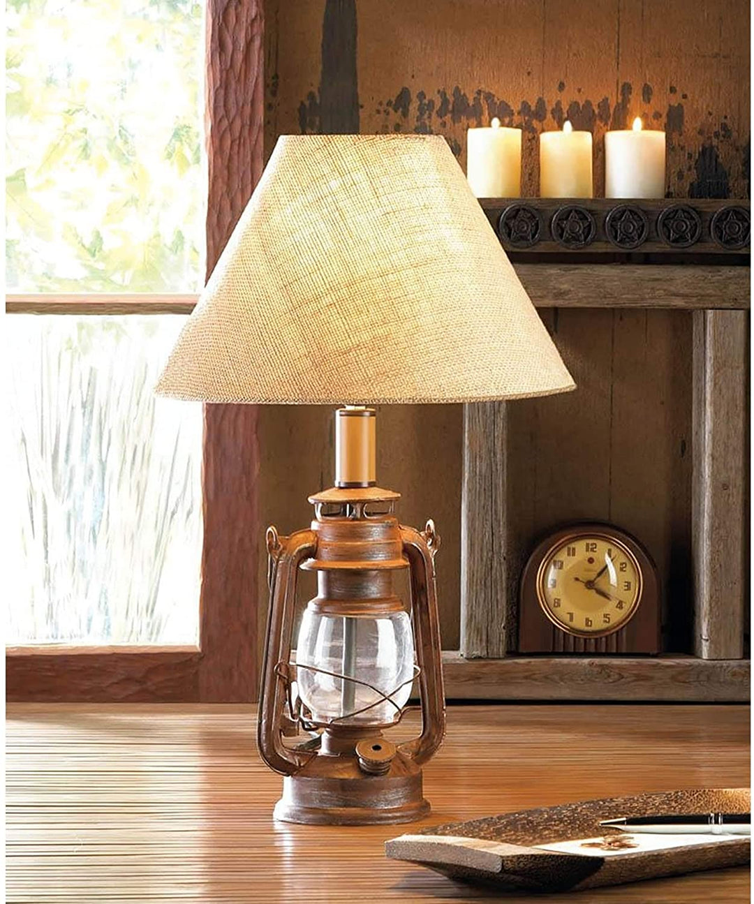 Old Fashioned Table Lamp Burlap Shade Brown Clear Tan Shabby