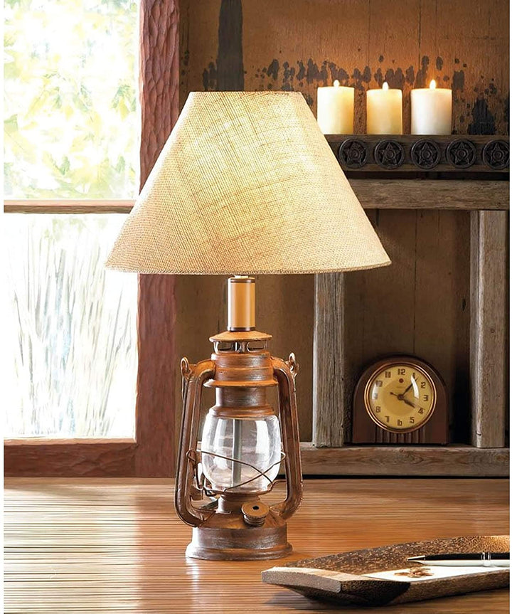 Old Fashioned Table Lamp Burlap Shade Brown Clear Tan Shabby