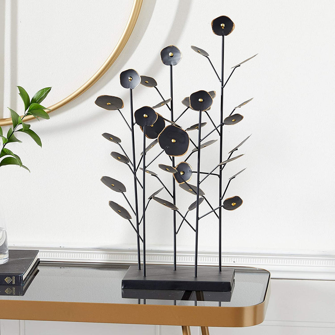 Large Black Metal Abstract Floral Sculpture W Gold Foil Detail Trim 14 X 6 21 Iron - Diamond Home USA