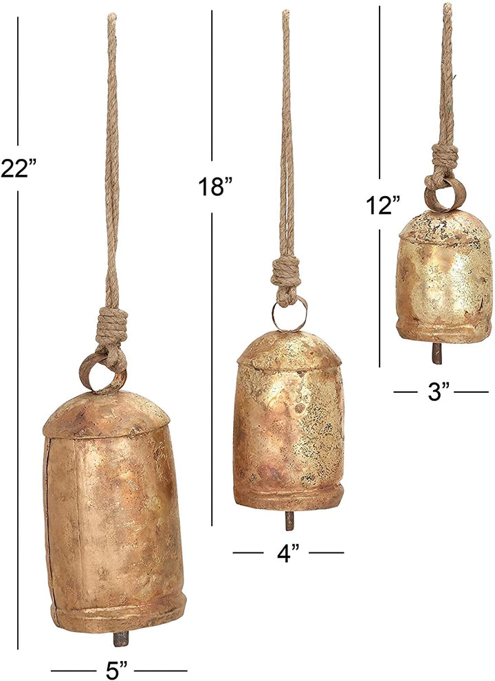 Metal Rope 12 18 22 Cow Bells (Set 3) Color Modern Contemporary Natural Finish - Diamond Home USA
