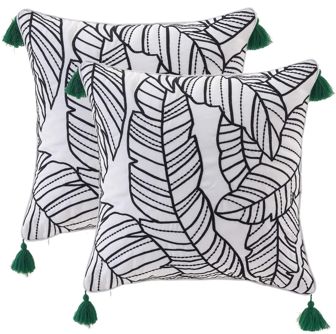 Tropical Leaves Embroidered Outdoor Pillow Cover 17"x 17"Set