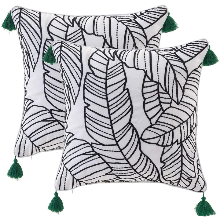Tropical Leaves Embroidered Outdoor Pillow Cover 17"x 17"Set