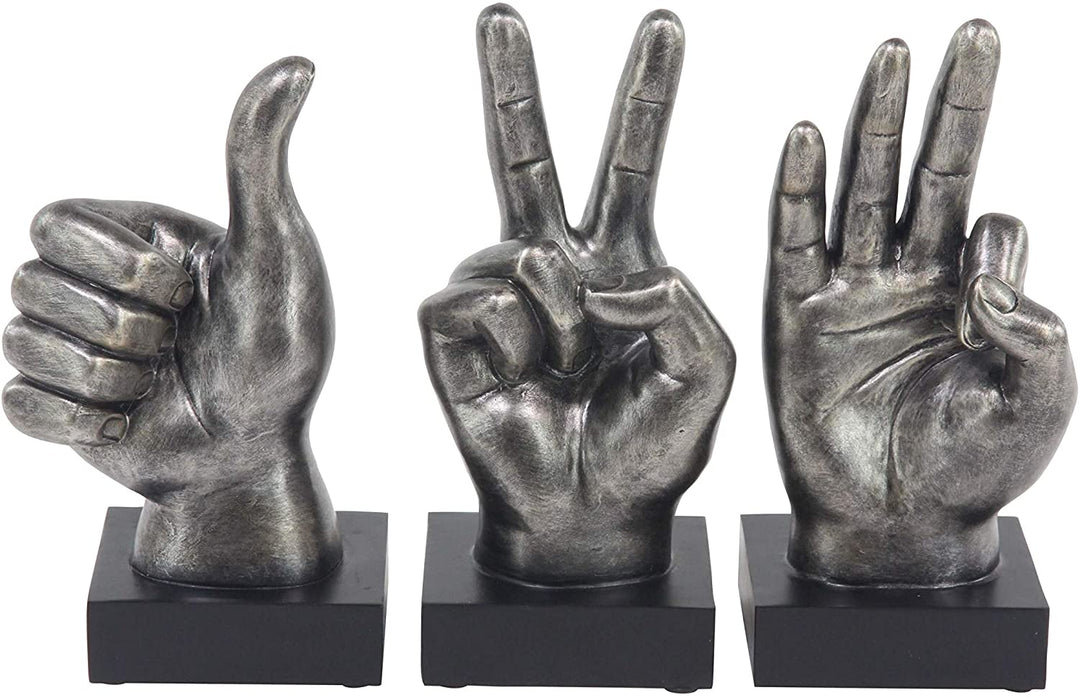 Thumbs Up Peace Okay Hand Sign Sculptures Set 3 by Silver