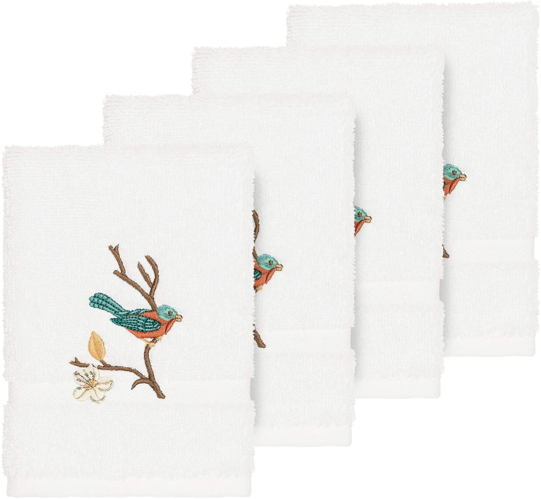 Turkish Cotton Blue Bird Embroidered White 4 Piece Washcloth