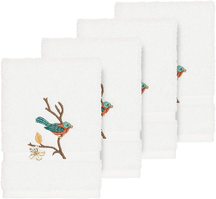 Turkish Cotton Blue Bird Embroidered White 4 Piece Washcloth