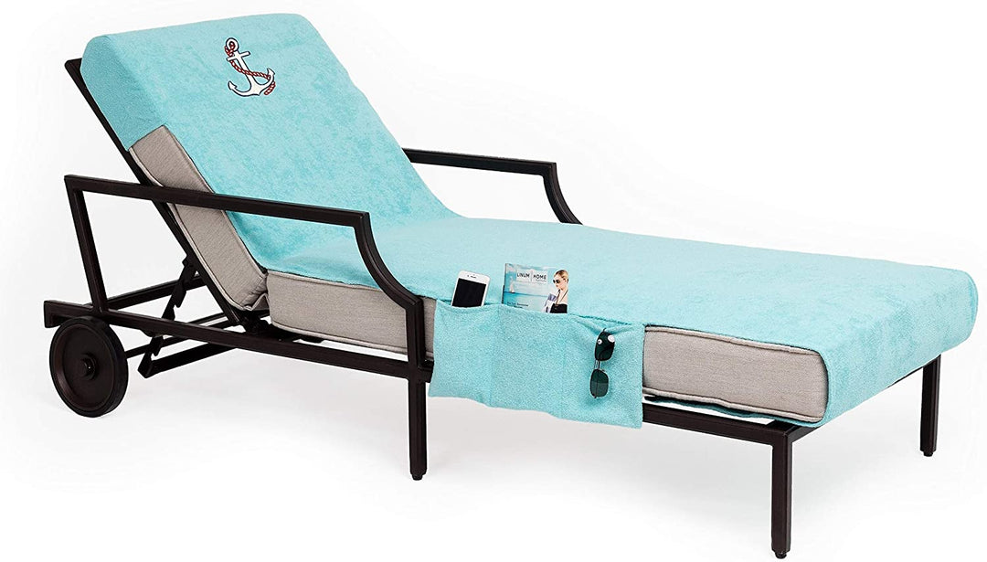 MISC Authentic Turkish Cotton Embroidered Anchor Aqua Towel Cover Pocket Chaise Lounge Chair Green Solid Color Cloth