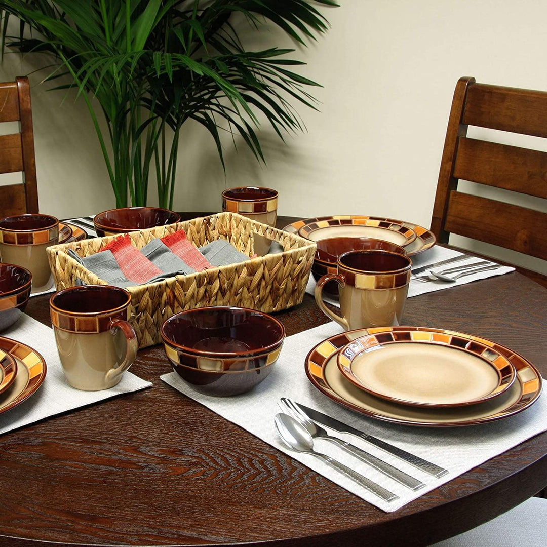 16 Piece Dinnerware Set Beige Banded Casual Round Stoneware Microwave Safe - Diamond Home USA