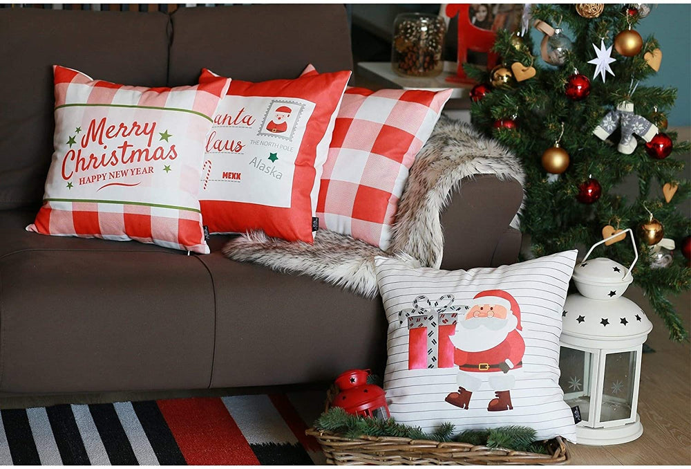 Merry Christmas Set 4 Throw Pillow Covers Gift 18"x18" Color Floral Modern Contemporary Polyester Three More Pillows Removable Cover - Diamond Home USA