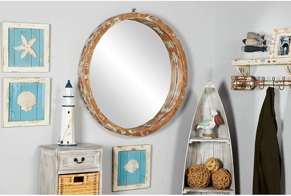 Vintage Distressed Large Round Wood Wall Mirror 40 X 4 40round Brown - Diamond Home USA