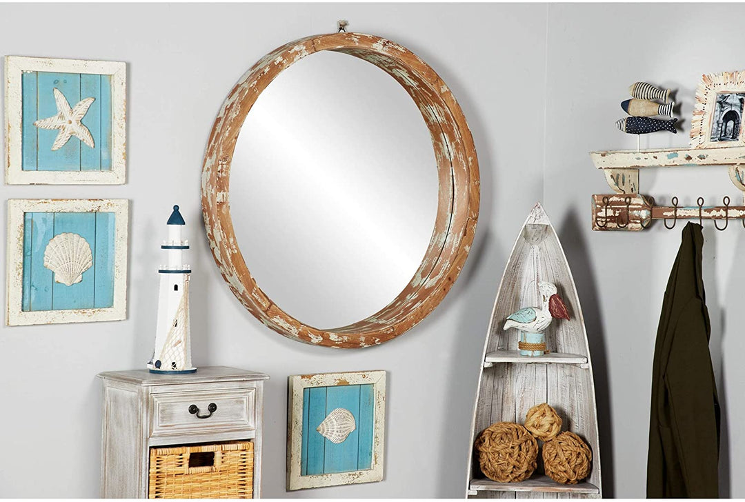 Vintage Distressed Large Round Wood Wall Mirror 40 X 4 40round Brown - Diamond Home USA