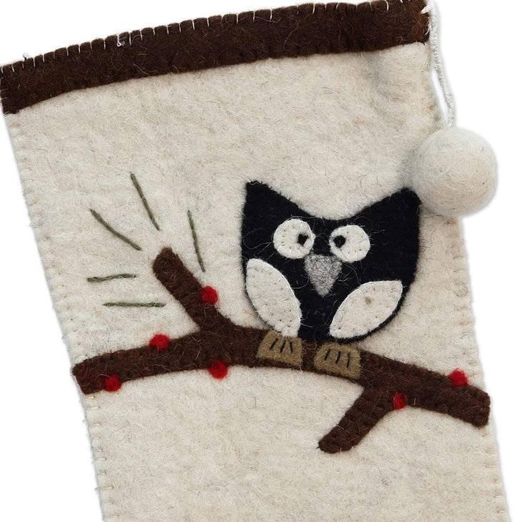 Handmade Owls Wool Felt Holiday Stocking (India) Beige Black - Diamond Home USA