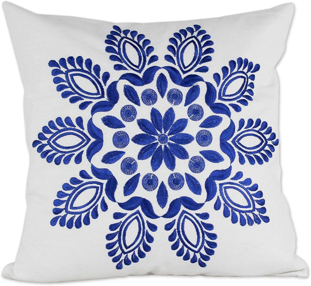 Handmade Blue Delhi Splendor Cushion Cover Set 2 (India) Cream Embroidered Floral Modern Contemporary Cotton - Diamond Home USA
