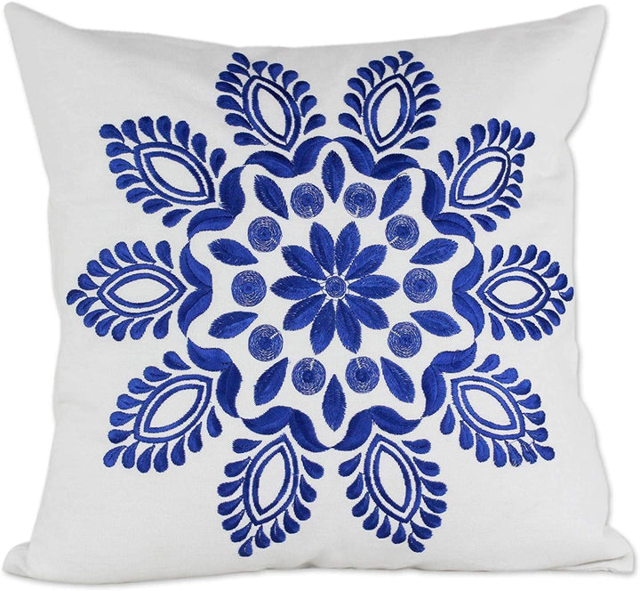 Handmade Blue Delhi Splendor Cushion Cover Set 2 (India) Cream Embroidered Floral Modern Contemporary Cotton - Diamond Home USA