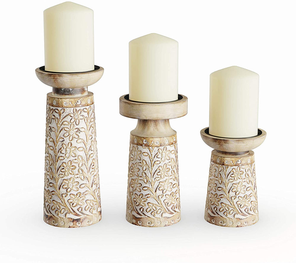 Mango Wood Iron Carved Floral Candle Holder Set Brown Bohemian Eclectic