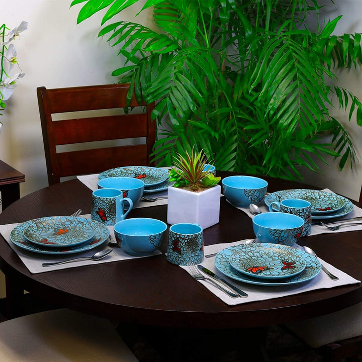Flower Garden 16 Piece Stoneware Dinnerware Set Blue Floral Casual Round Microwave Safe - Diamond Home USA