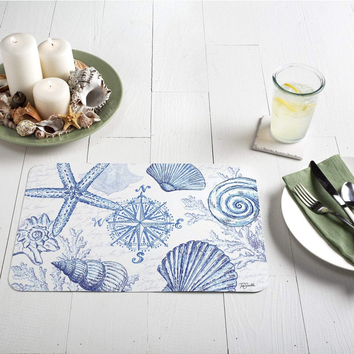 Wipe Clean Placemats Set 4 Coastal Sketch Color Rectangle Plastic - Diamond Home USA