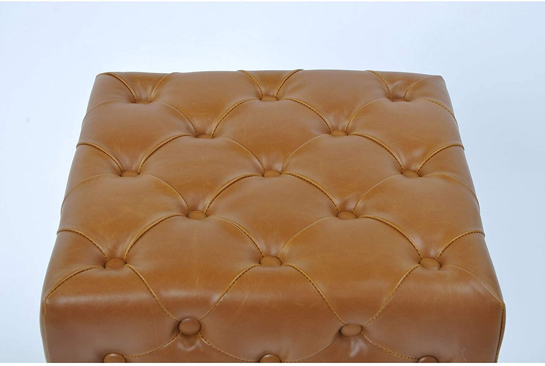 26 inch Tufted Tan Seat Counter Stool Black Washed Mid Century Modern Leather Wood Finish Distressed Upholstered - Diamond Home USA