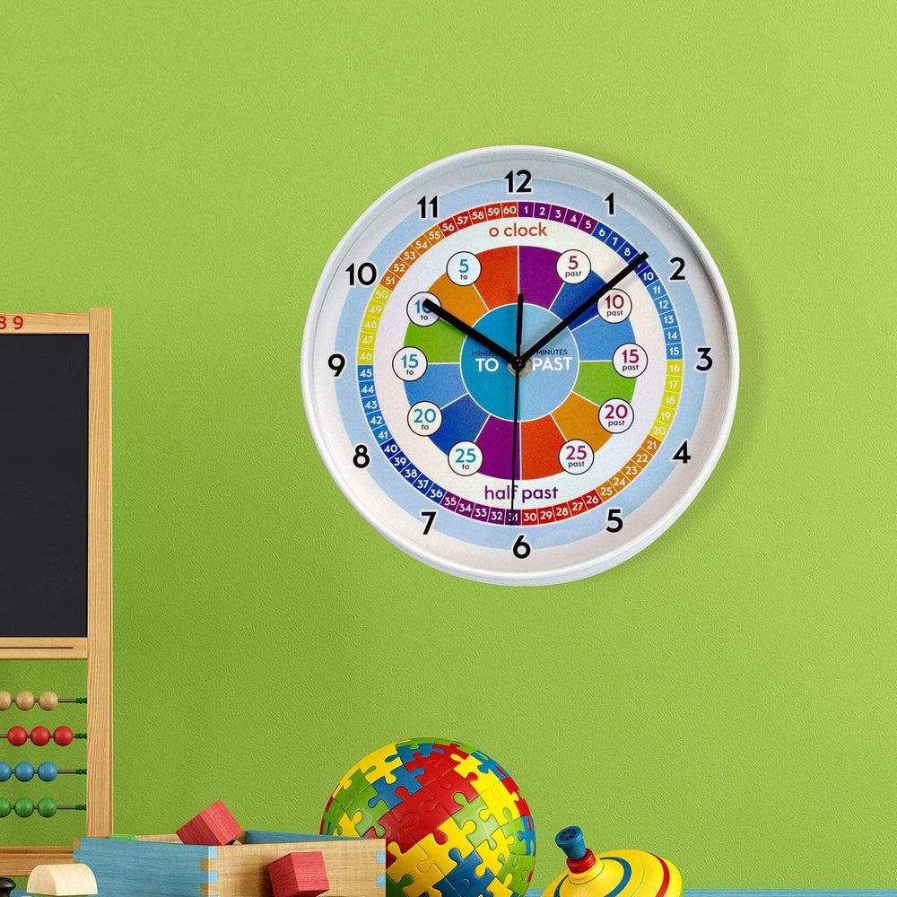 Colorful Kids Clock Time Learning DIY Art Home Decoration Blue Modern Contemporary Round Plastic Minute Hand - Diamond Home USA