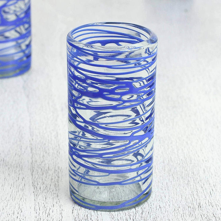 Handmade Blown Glass High Ball Glasses Sapphire Swirl Set 6 (Mexico) Blue Clear - Diamond Home USA