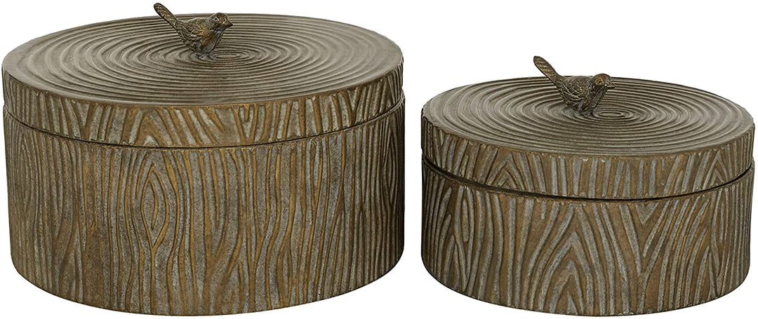 Round Antique Bronze Metal Box Tree Bark Texture Bird
