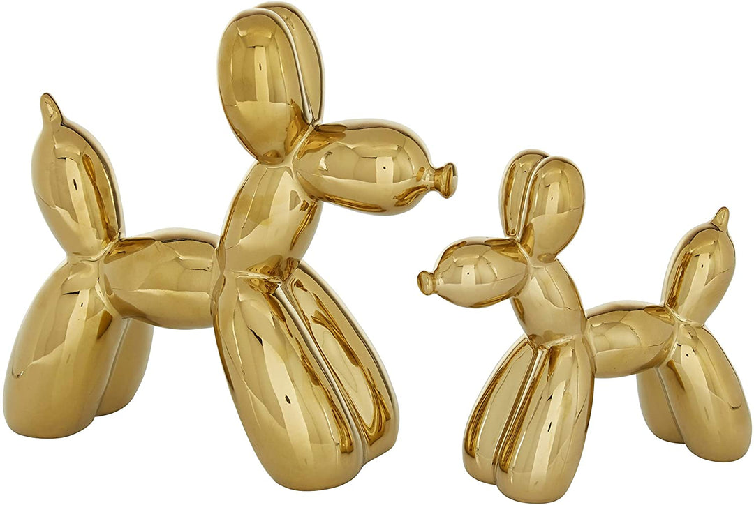 Gold Glossy Finish Ceramic Balloon Dog Sculptures Set 2 10 X