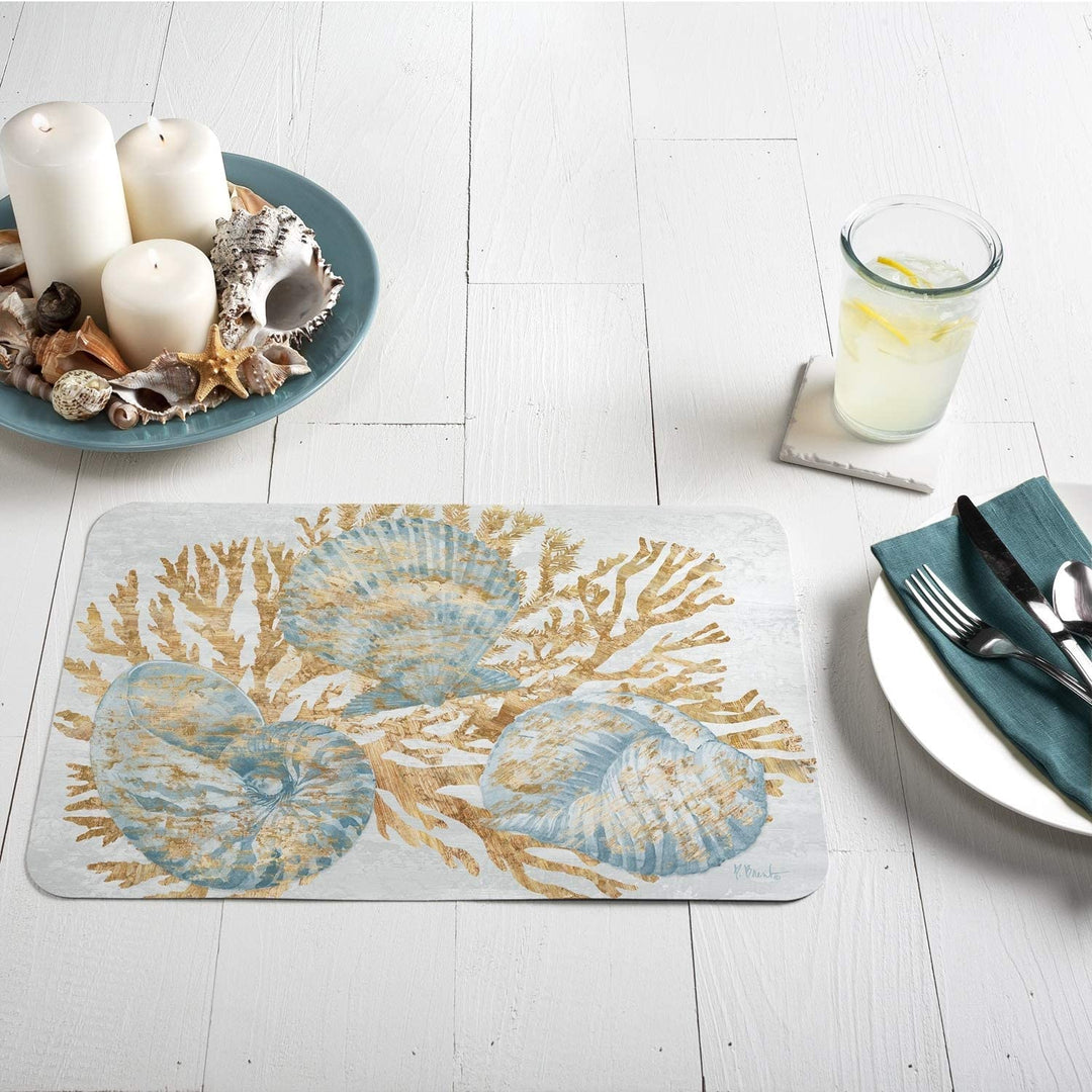 Wipe Clean Placemats Set 4 Shimmering Shells Color Rectangle Plastic - Diamond Home USA