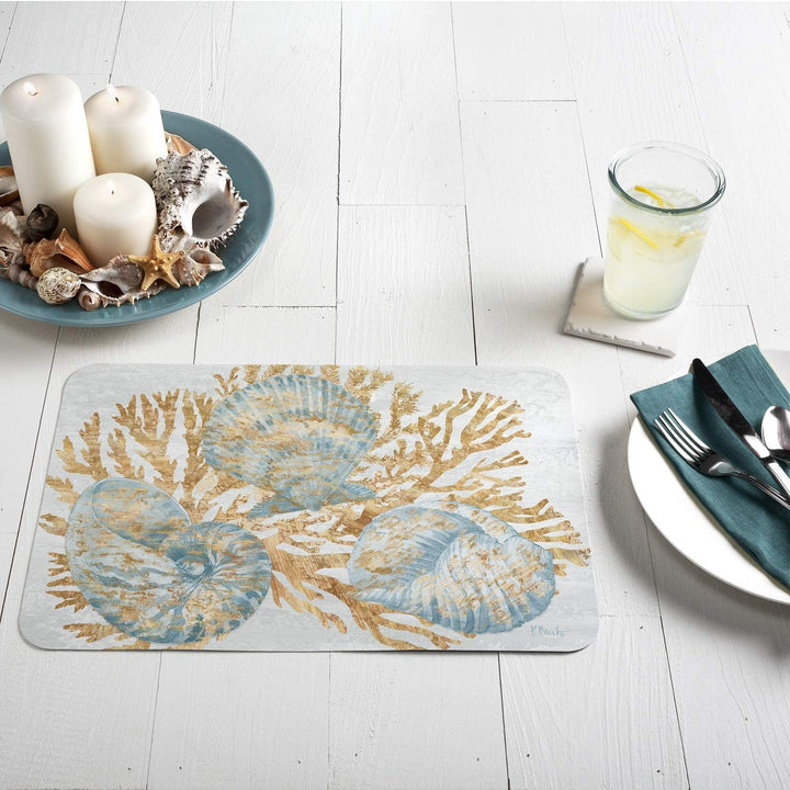 Wipe Clean Placemats Set 4 Shimmering Shells Color Rectangle Plastic - Diamond Home USA