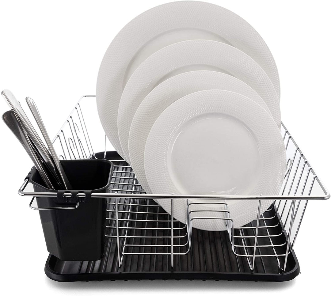 22 Inch Chrome Dish Rack Black Draining Tray Stainless Steel Finish - Diamond Home USA
