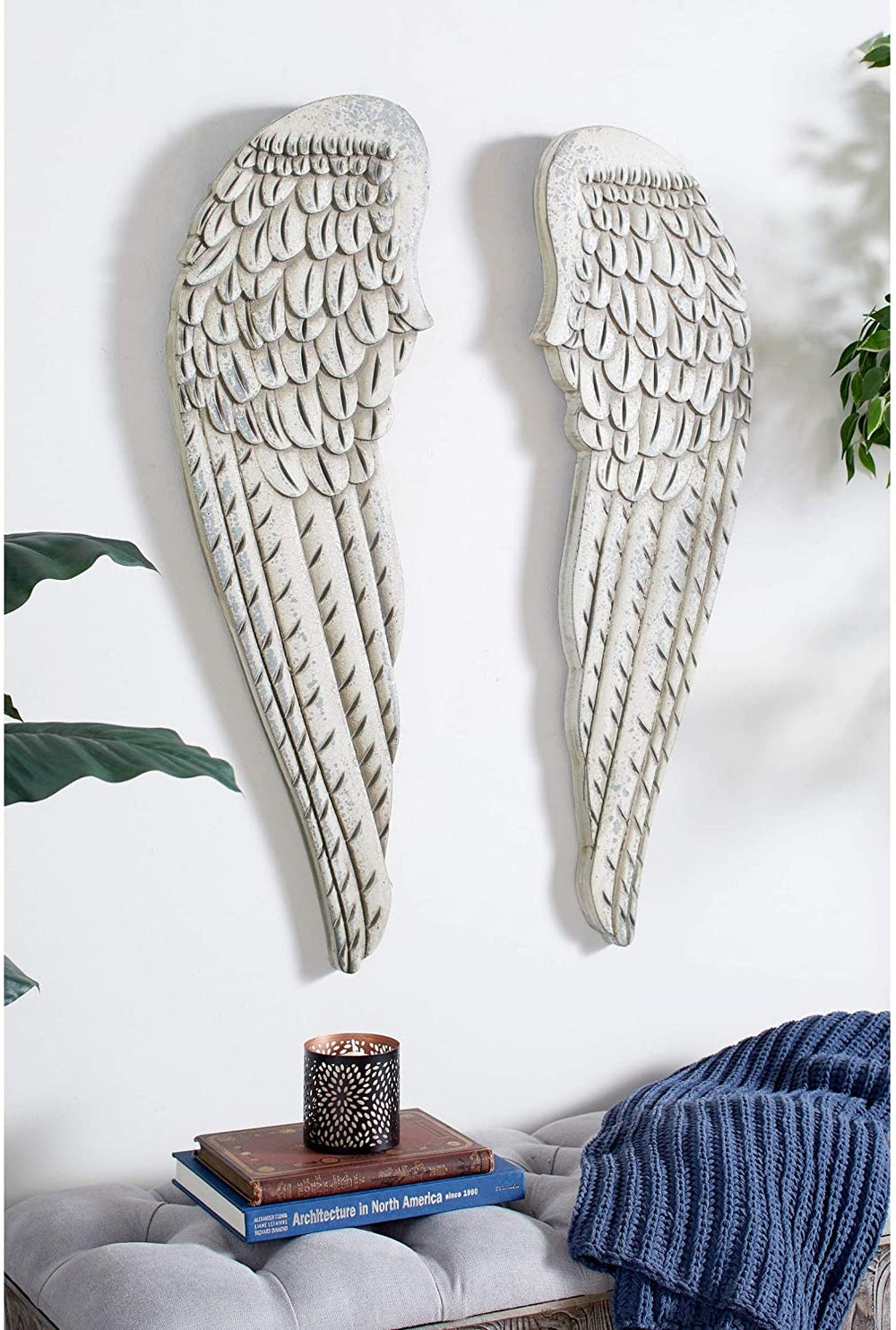 Large Distressed White Angel Wings Wood Wall Art Set 2 13" X 40 50" Each Vintage - Diamond Home USA