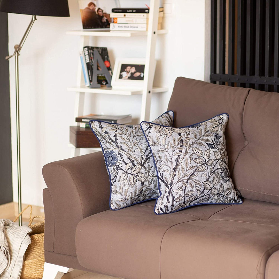 Blue Leaf Jacquard Throw Pillow Covers (Set 4) Floral Modern Contemporary Polyester Set 3 More Removable Cover - Diamond Home USA