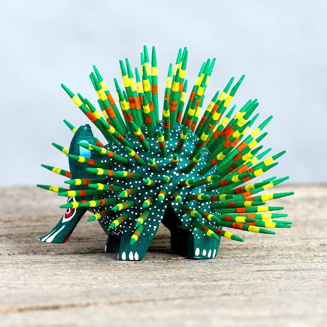 Handmade Wood Sculpture 'Cute Porcupine Green' (Mexico) Green - Diamond Home USA