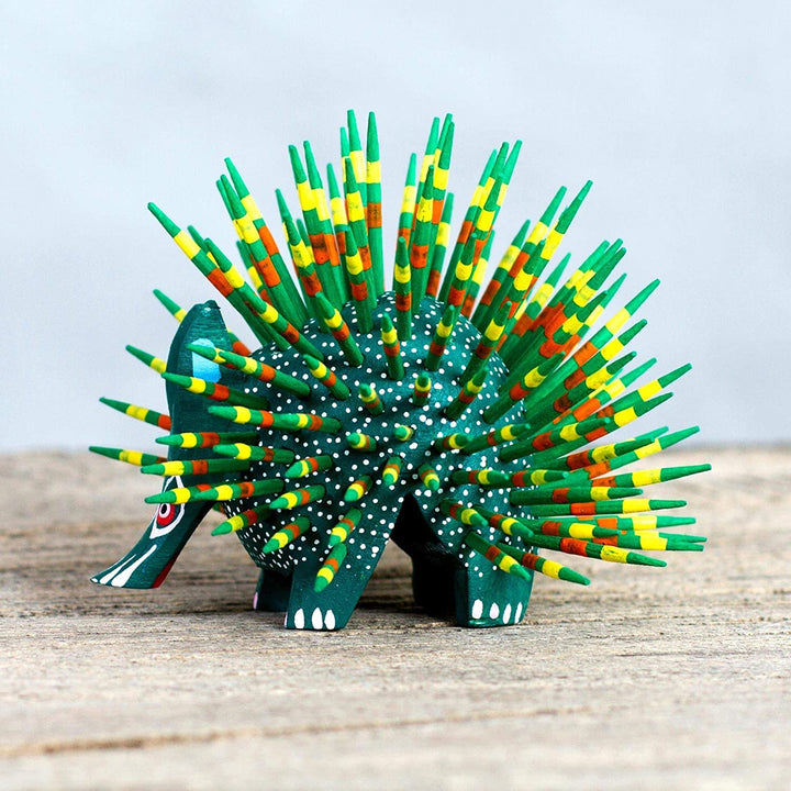 Handmade Wood Sculpture 'Cute Porcupine Green' (Mexico) Green - Diamond Home USA
