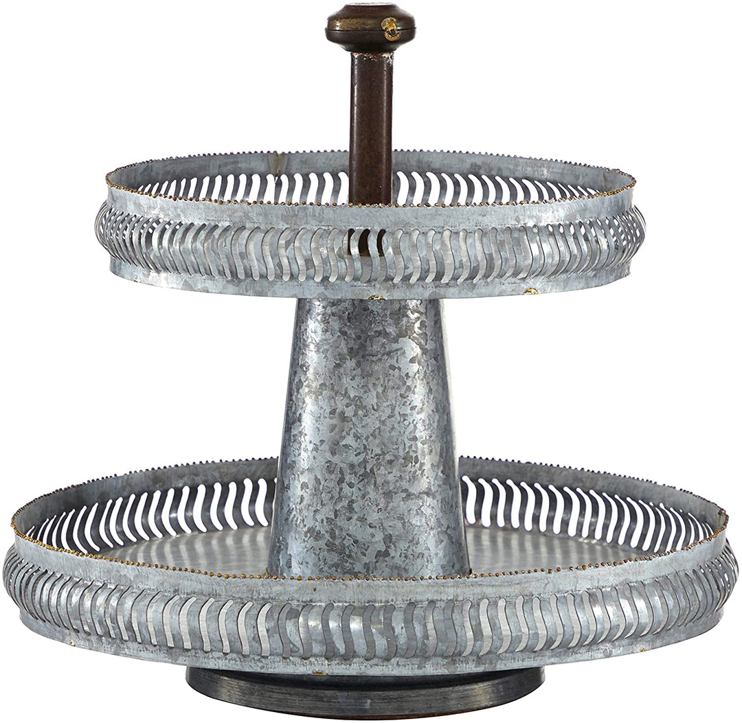 Round Silver Galvanized Metal 2 Tier Tray Stand 16" X 15" 16