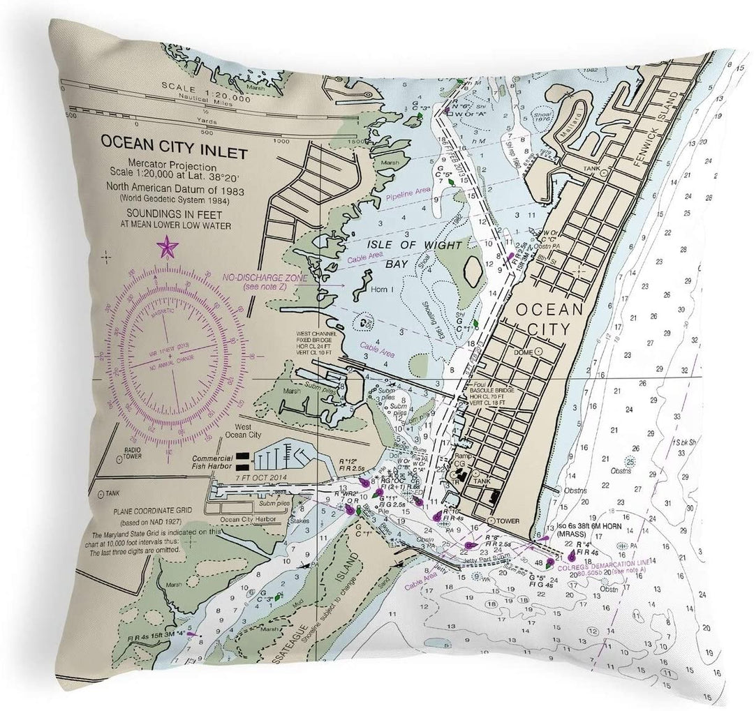 Ocean City Inlet Va Nautical Map Noncorded Pillow 12x12