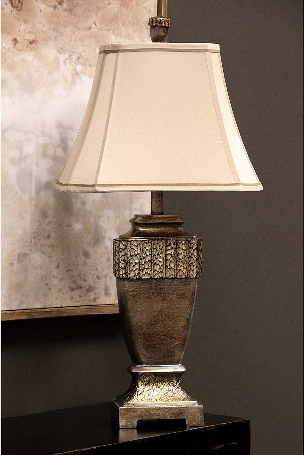 Brown Glaze Silver Leaf Table Lamp Beige Fabric Shade Grey Transitional - Diamond Home USA