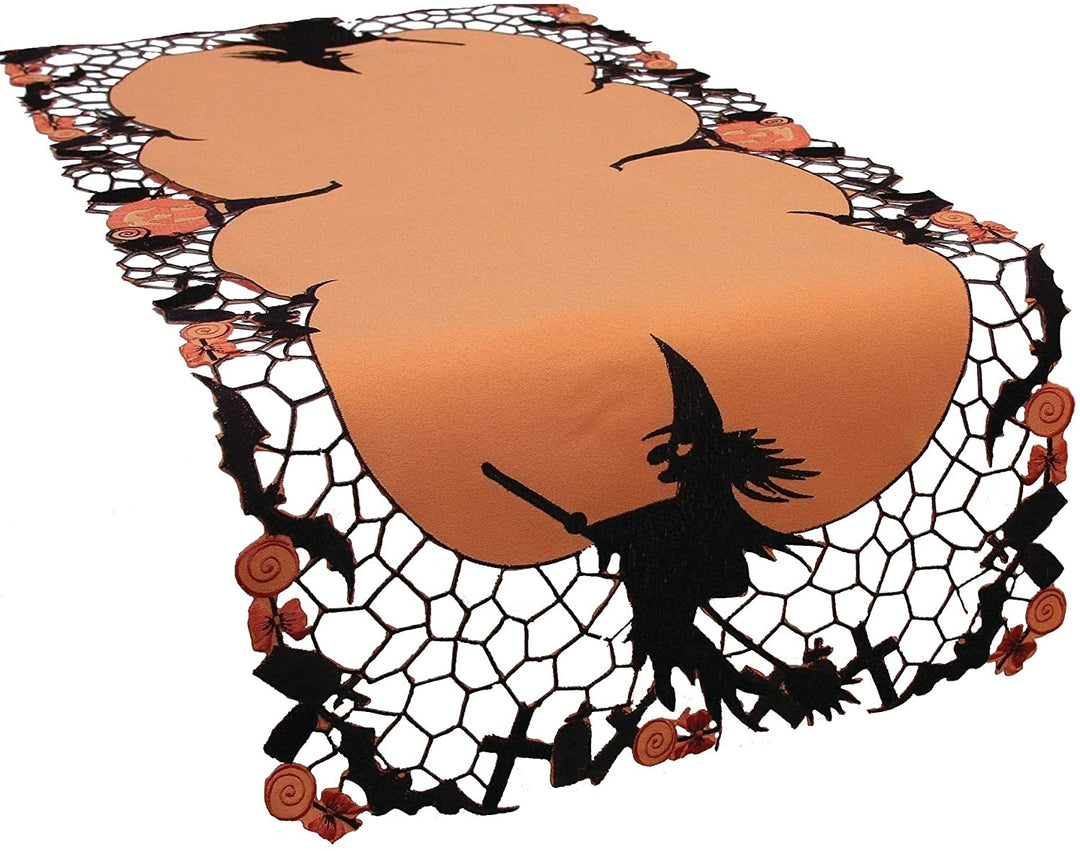 Witch Embroidered Cutwork Halloween Table Runner 16 by 34