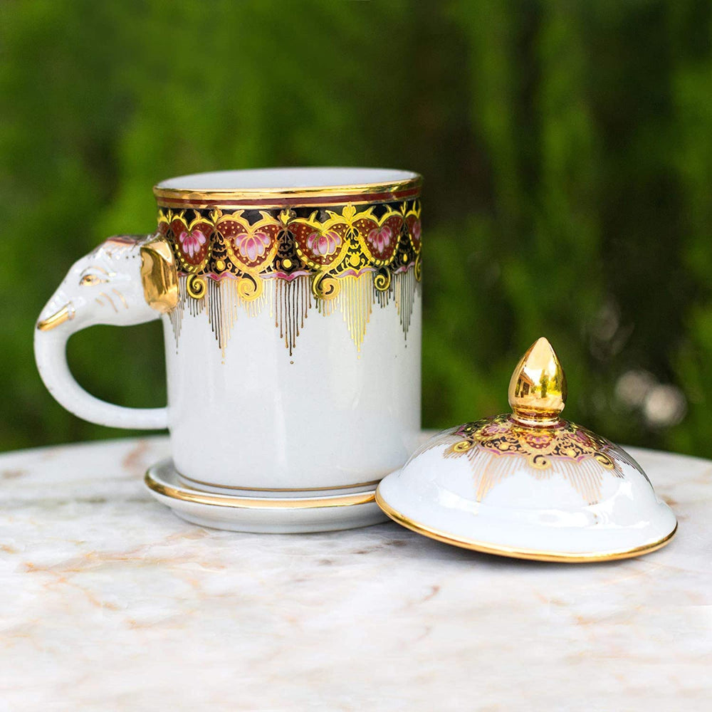 Handmade Porcelain 'Thai Iyara' Mug Saucer (Thailand) White Yellow Geometric Traditional 1 Piece