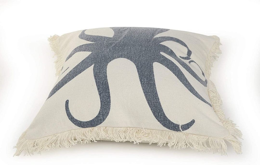 MISC Octopus Fringe Coastal Throw Pillow Blue Cream Grey Animal Nautical Tropical Cotton Single