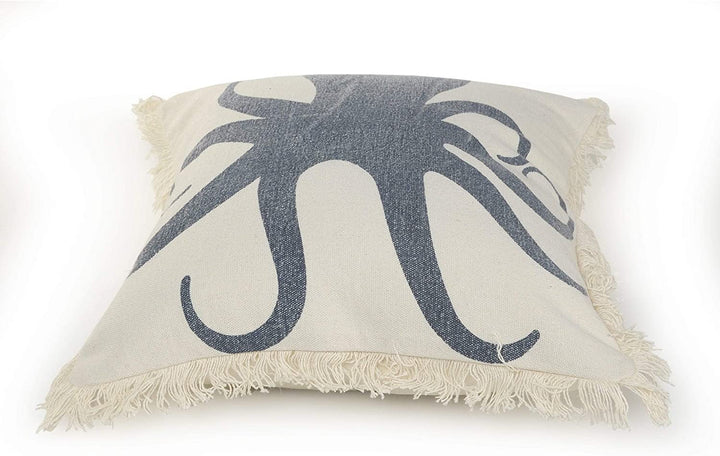MISC Octopus Fringe Coastal Throw Pillow Blue Cream Grey Animal Nautical Tropical Cotton Single