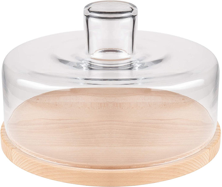 European Wooden Cake/Cheese Plate W/Glass Dome Clear