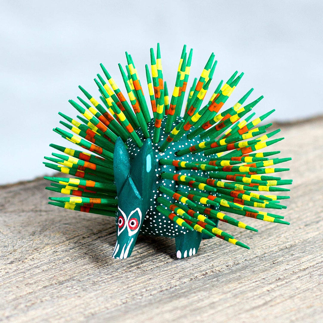 Handmade Wood Sculpture 'Cute Porcupine Green' (Mexico) Green - Diamond Home USA