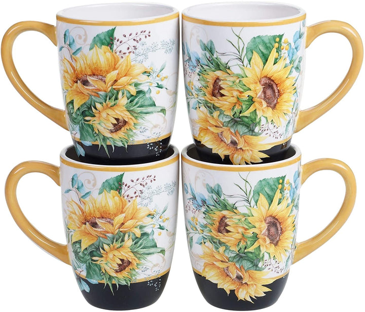 Sunflower Fields 16 Piece Dinnerware Set (Service 4) Color White Yellow Floral Farmhouse Modern Contemporary Round 16 Piece Dishwasher Safe Microwave - Diamond Home USA